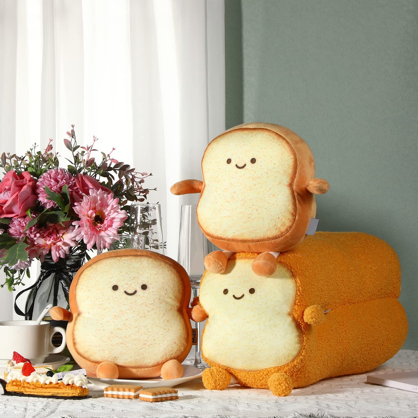 Yookeer 3 Pcs Funny Toast Bread Pillows – Cute Kawaii Plush Cushions, 2 Sizes