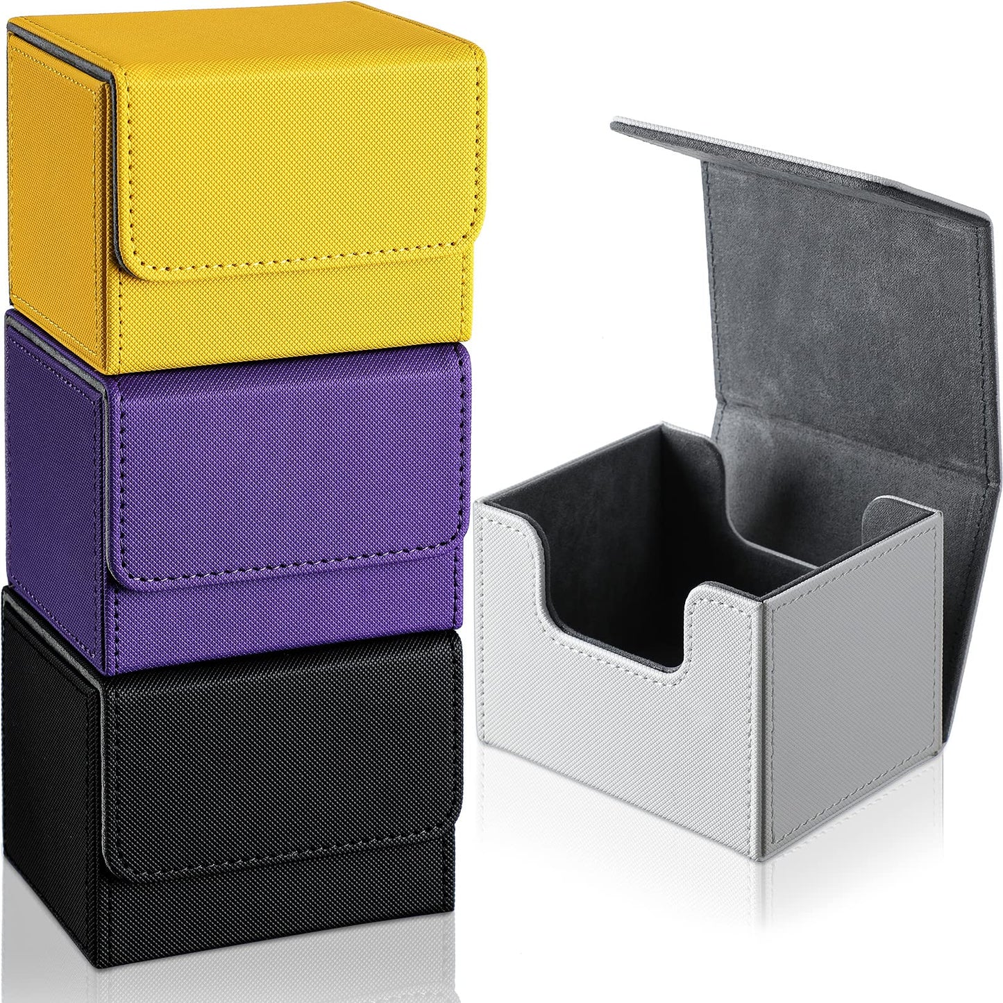 Yookeer 4-Piece Leather Deck Card Box Set – Holds 100 Cards, PU Leather, Magnet Closure, MTG Commander Ready (Black, Purple, Yellow, White)