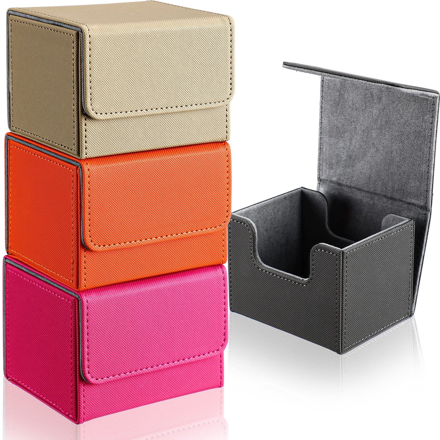 Yookeer 4-Piece Leather Deck Card Boxes – Holds 100 Cards, PU Leather, Magnet Closure (Pink/Orange/Sand/Gray)