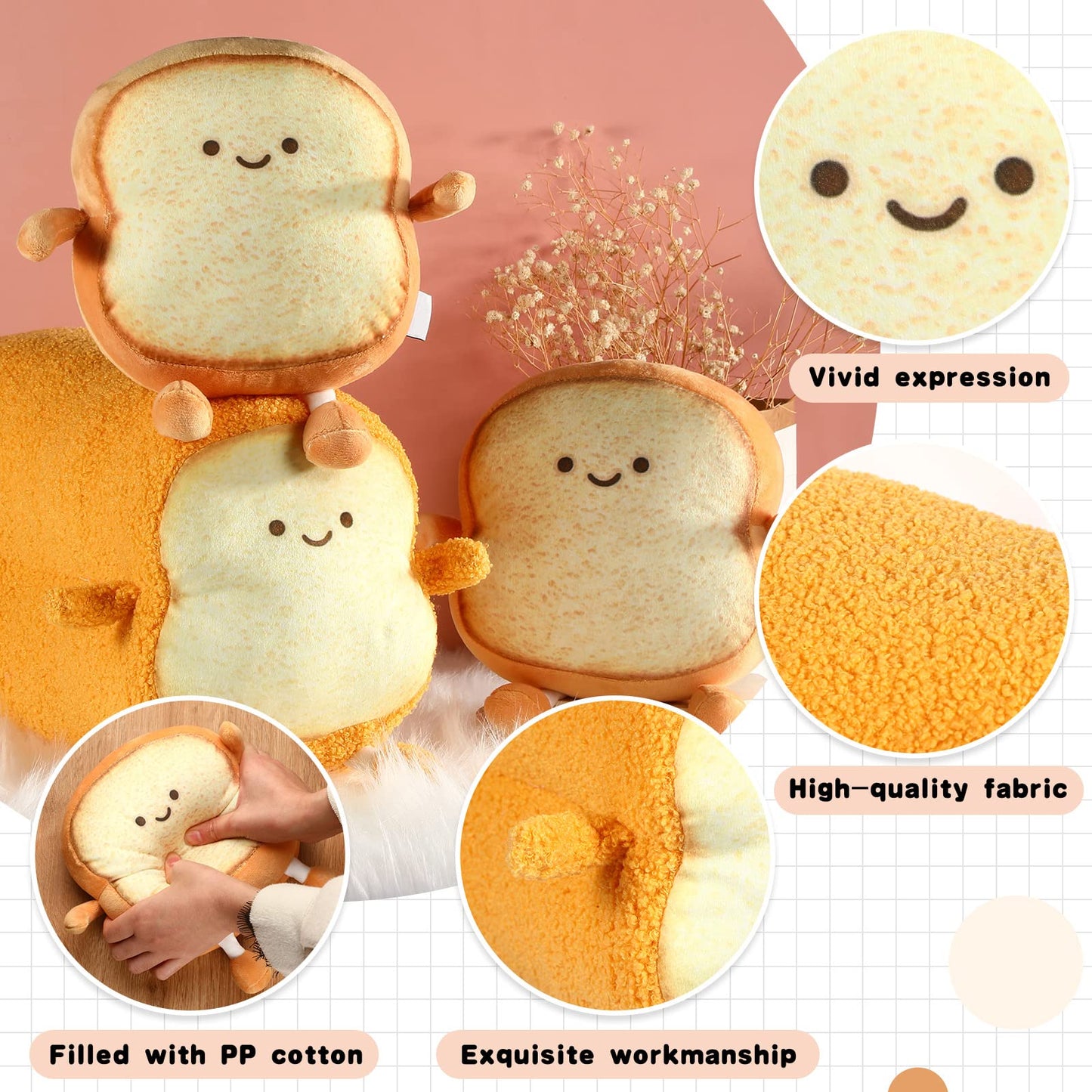 Yookeer 3 Pcs Funny Toast Bread Pillows – Cute Kawaii Plush Cushions, 2 Sizes