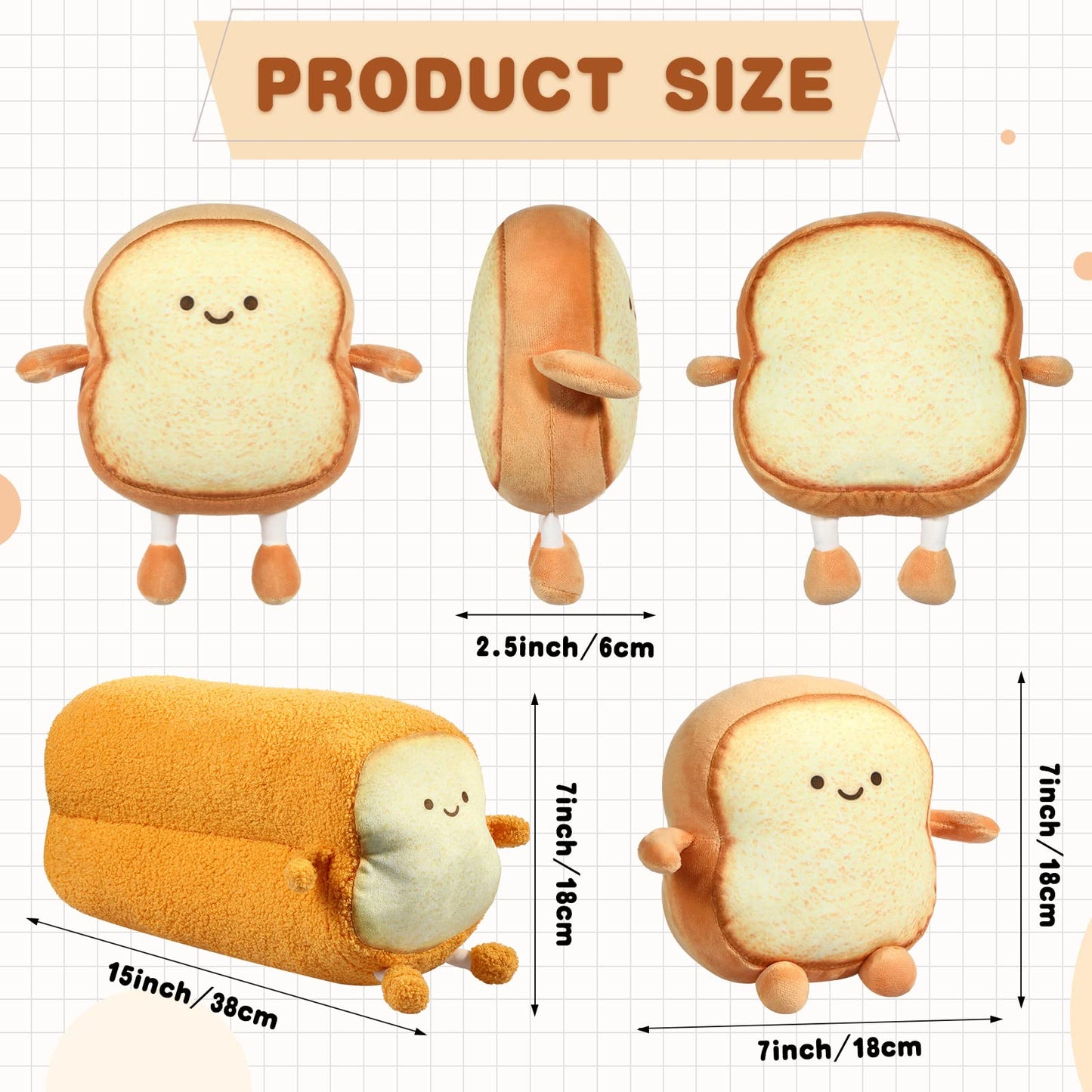 Yookeer 3 Pcs Funny Toast Bread Pillows – Cute Kawaii Plush Cushions, 2 Sizes