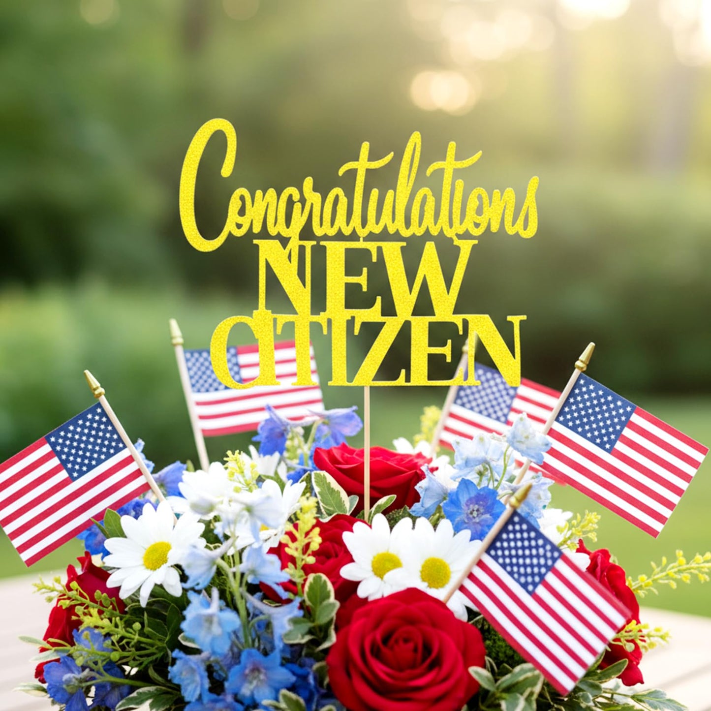 YooNotee Citizenship Cake Topper – Gold Glitter with Bamboo Picks