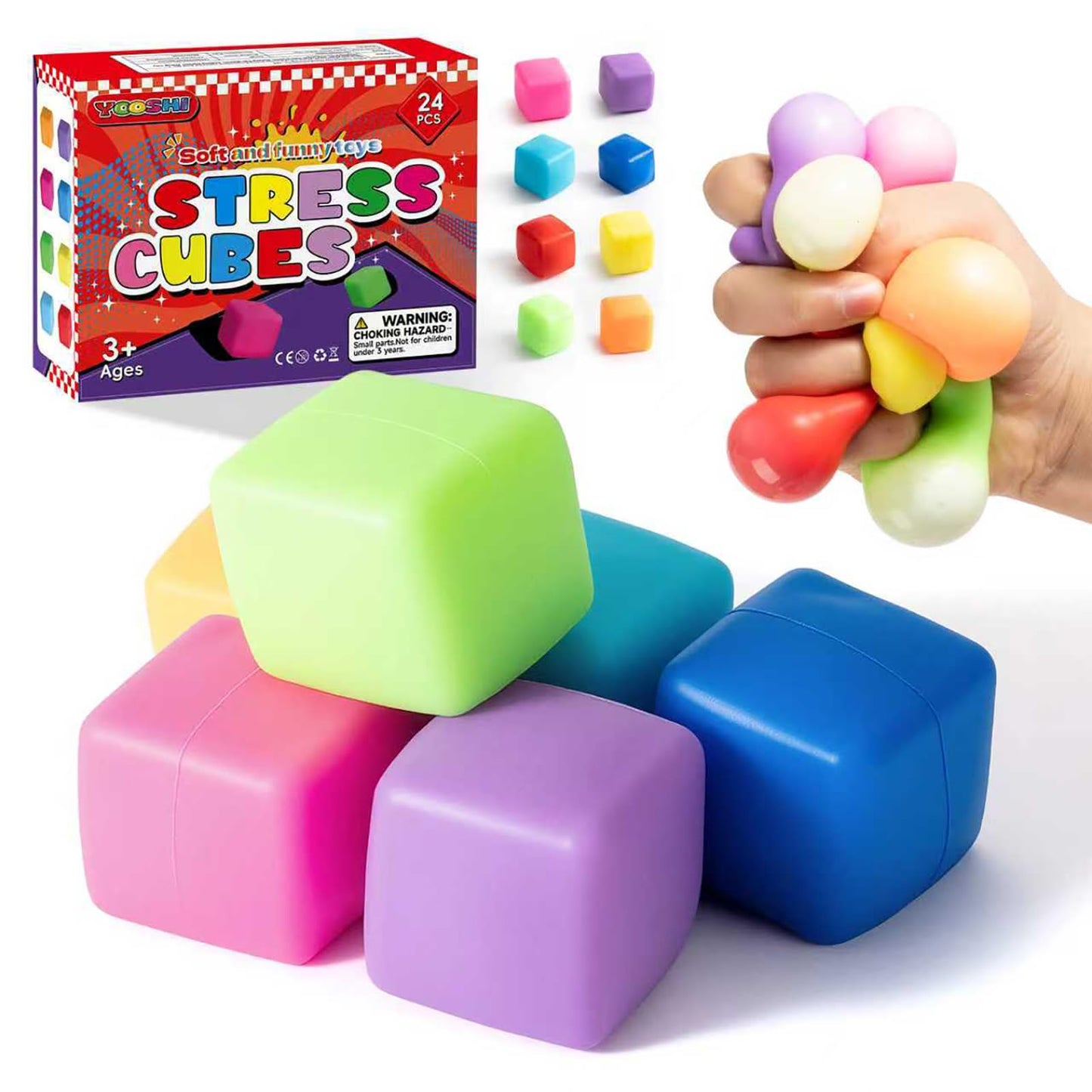Yooshi 24 Pack Squishy Fidget Toys — Soft Stress Cubes for Kids & Adults