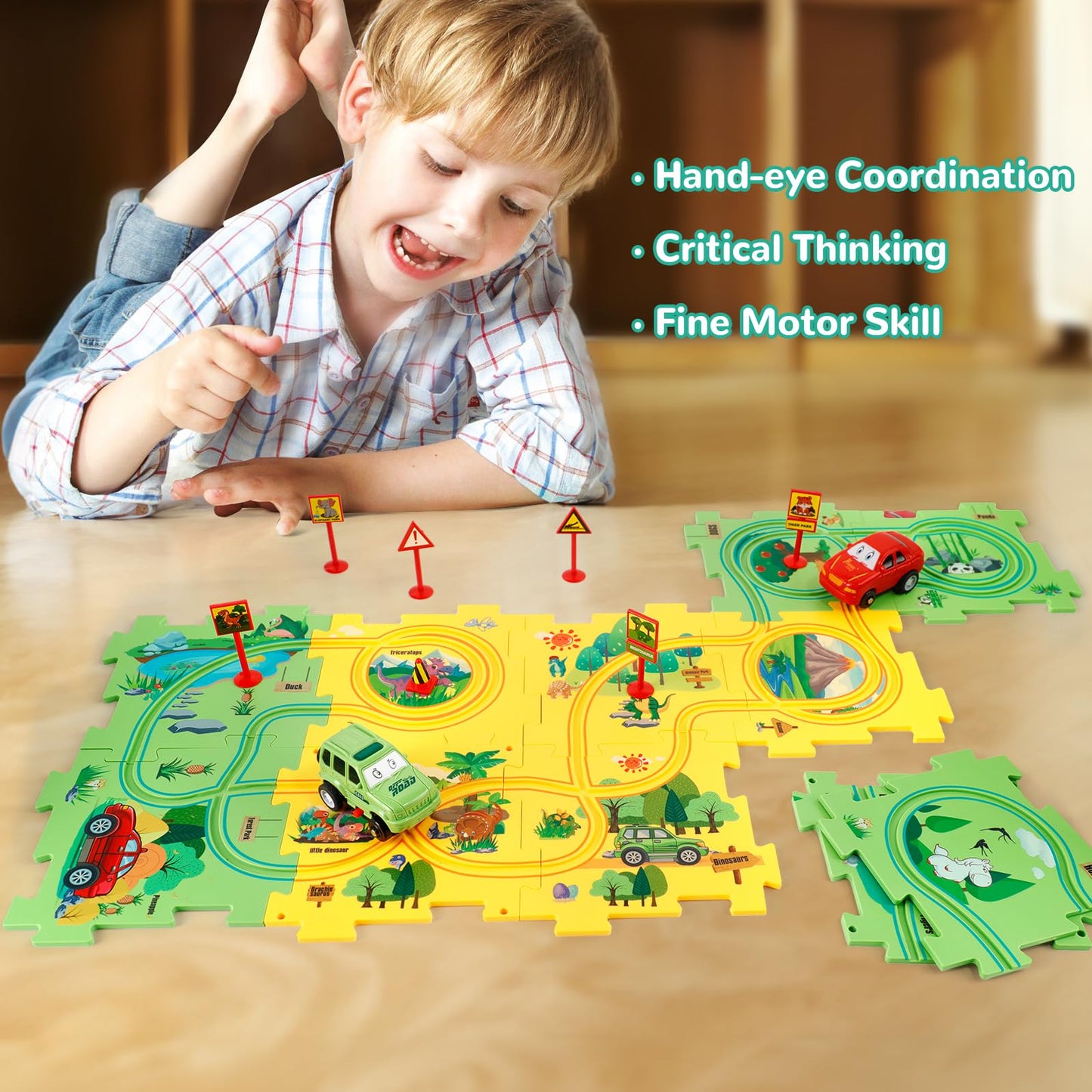 YOOYID Plastic Floor Puzzles for Kids 3-5 | Race Track Car Set