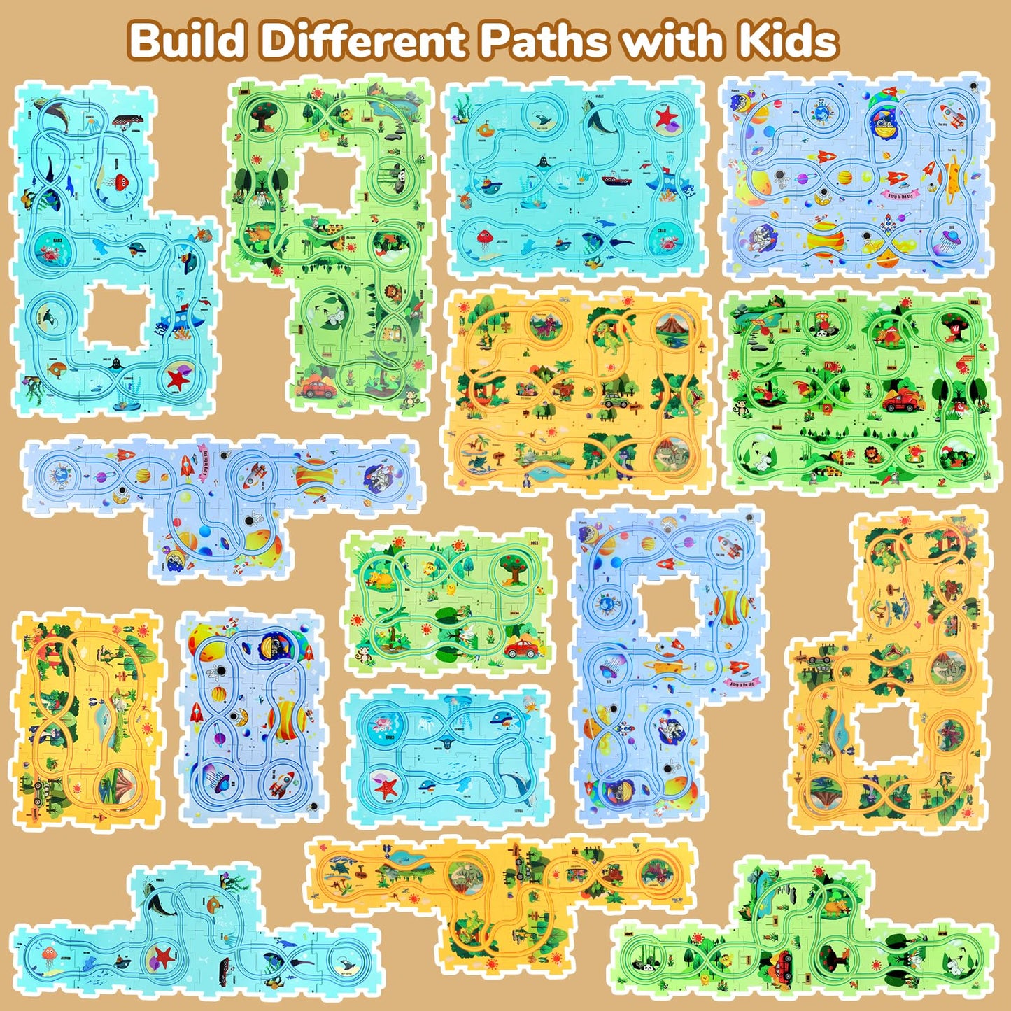YOOYID Puzzle Racer Track Set – 100 Pcs, 4 Themes, Montessori Toy for Ages 3-6