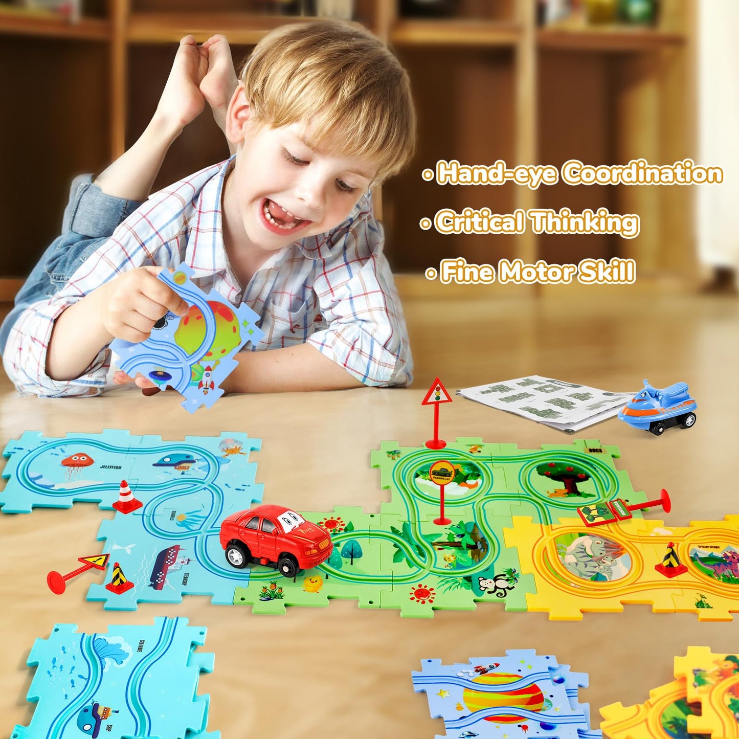 YOOYID Puzzle Racer Track Set – 100 Pcs, 4 Themes, Montessori Toy for Ages 3-6