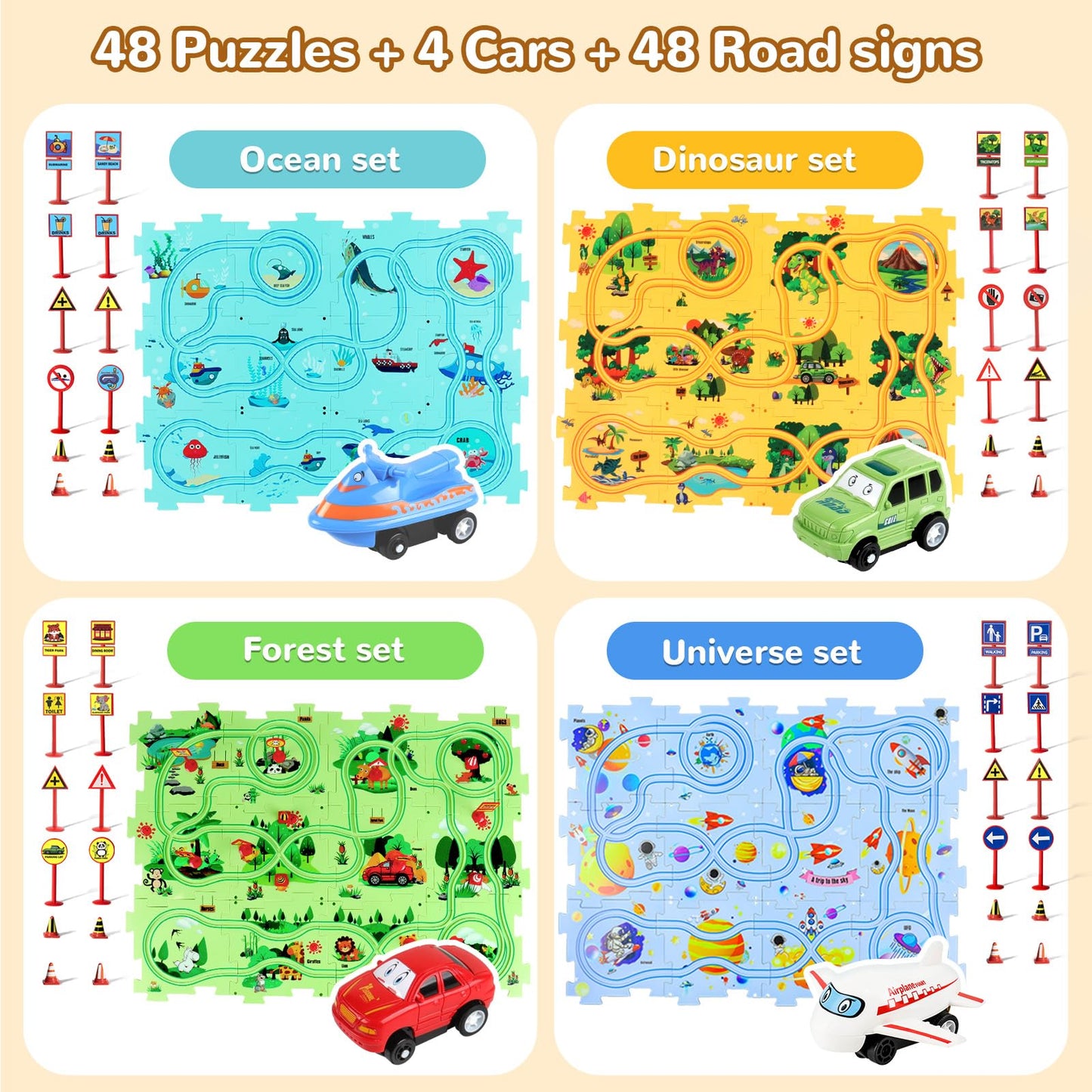 YOOYID Puzzle Racer Track Set – 100 Pcs, 4 Themes, Montessori Toy for Ages 3-6