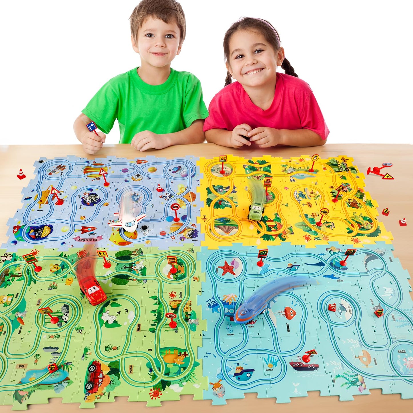 YOOYID Puzzle Racer Track Set – 100 Pcs, 4 Themes, Montessori Toy for Ages 3-6