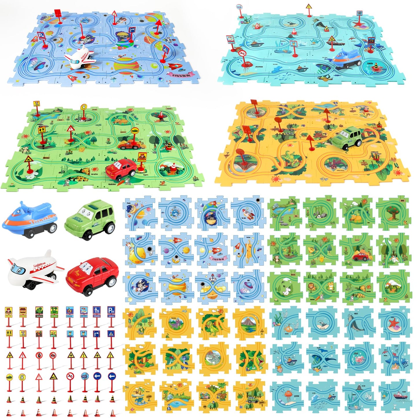 YOOYID Puzzle Racer Track Set – 100 Pcs, 4 Themes, Montessori Toy for Ages 3-6