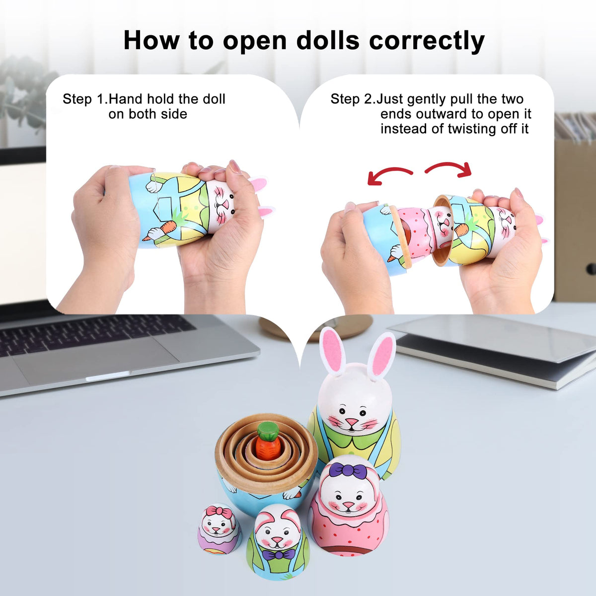 Yoption 5 Pcs Russian Matryoshka Dolls – Handmade Wooden Rabbit Nesting Dolls Set