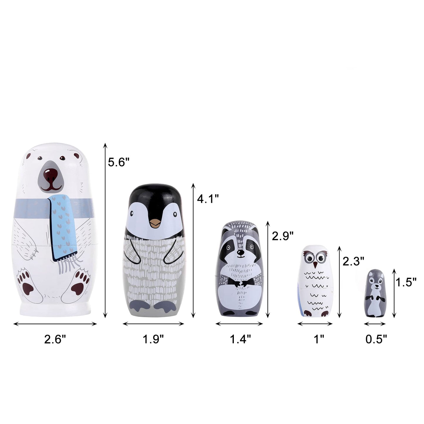 Yoption 5Pcs Russian Matryoshka Dolls - Handmade Wooden Polar Bear & Friends Nesting Set | Gift for Kids