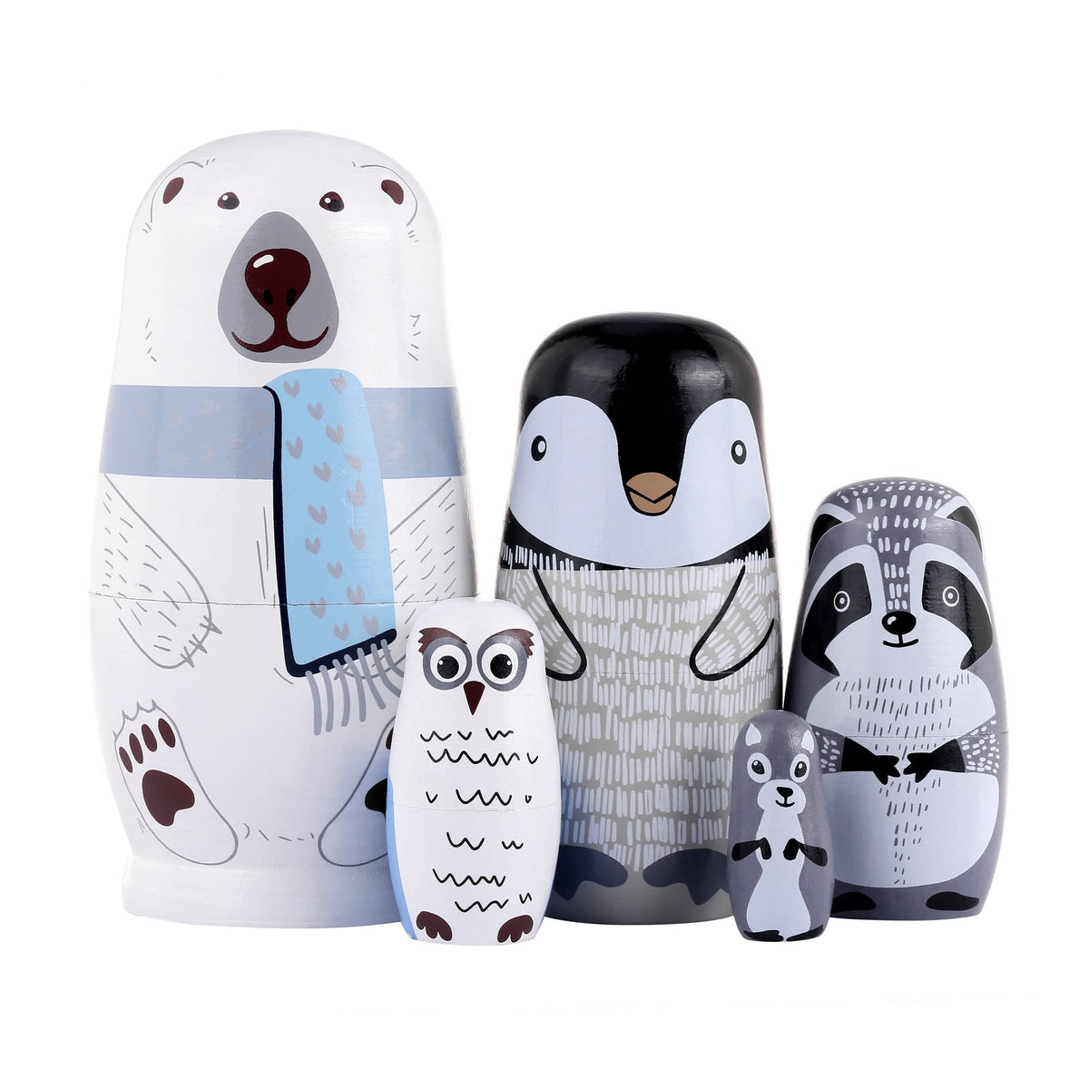 Yoption 5Pcs Russian Matryoshka Dolls - Handmade Wooden Polar Bear & Friends Nesting Set | Gift for Kids