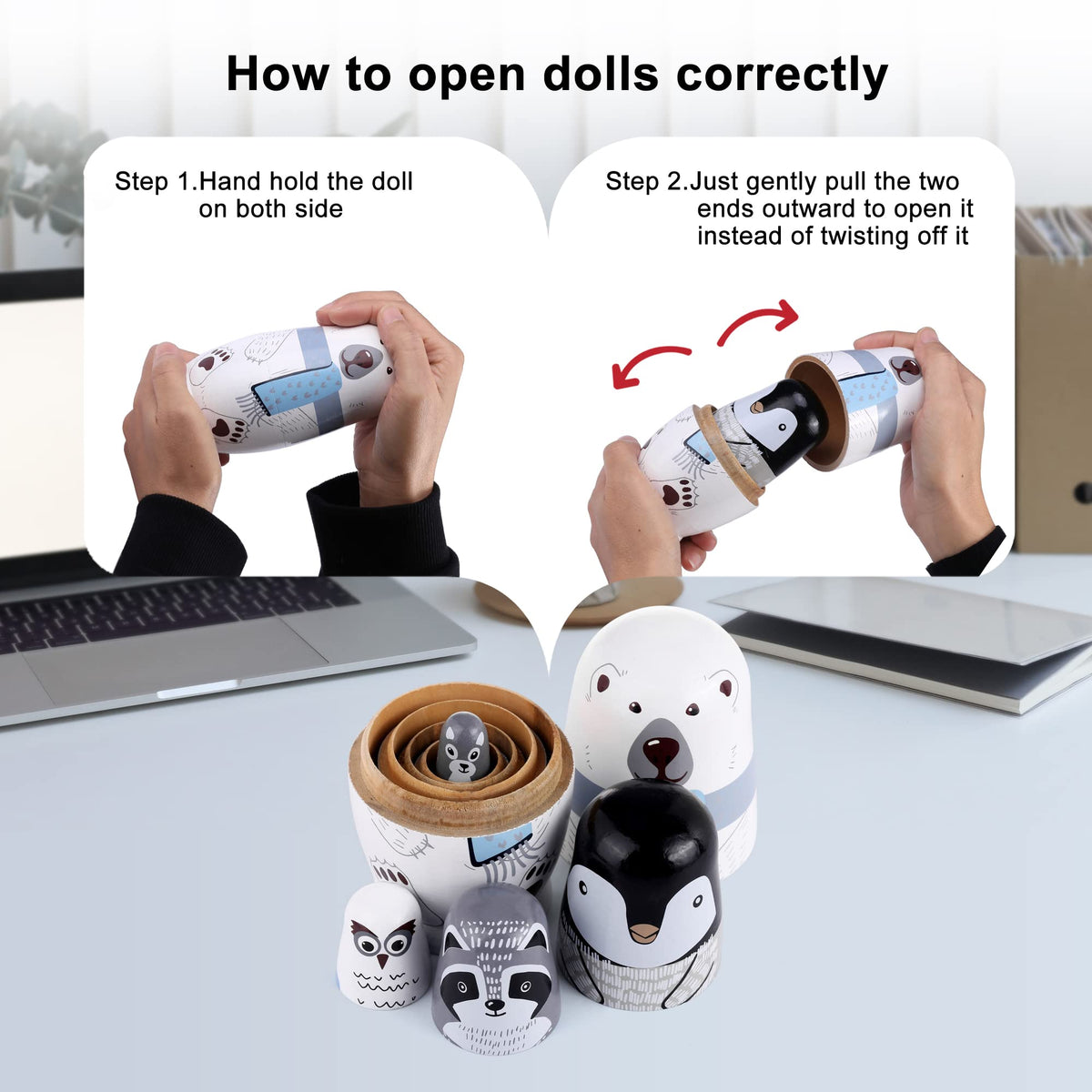 Yoption 5Pcs Russian Matryoshka Dolls - Handmade Wooden Polar Bear & Friends Nesting Set | Gift for Kids