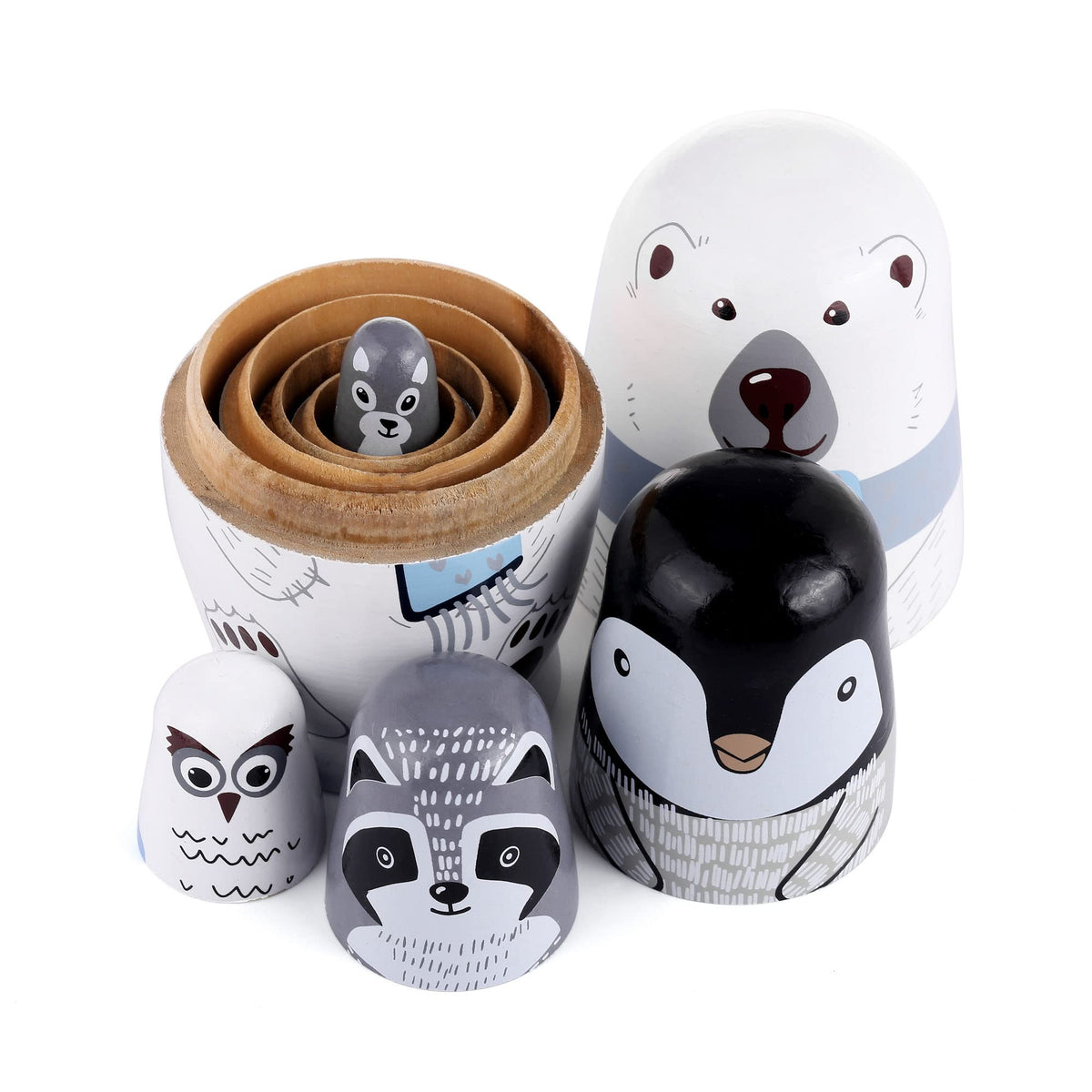 Yoption 5Pcs Russian Matryoshka Dolls - Handmade Wooden Polar Bear & Friends Nesting Set | Gift for Kids