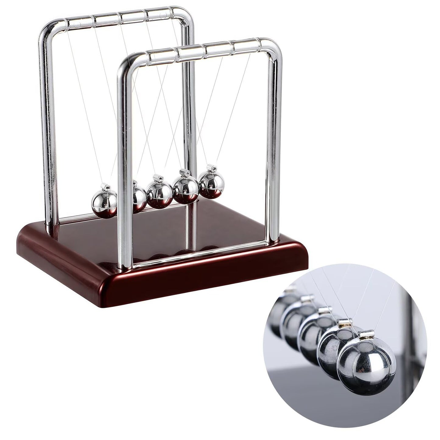 Yoqanr Newton's Cradle – 5 Steel Balls, Deep Red Base, Balance Pendulum for Physics Learning, Desk Decor