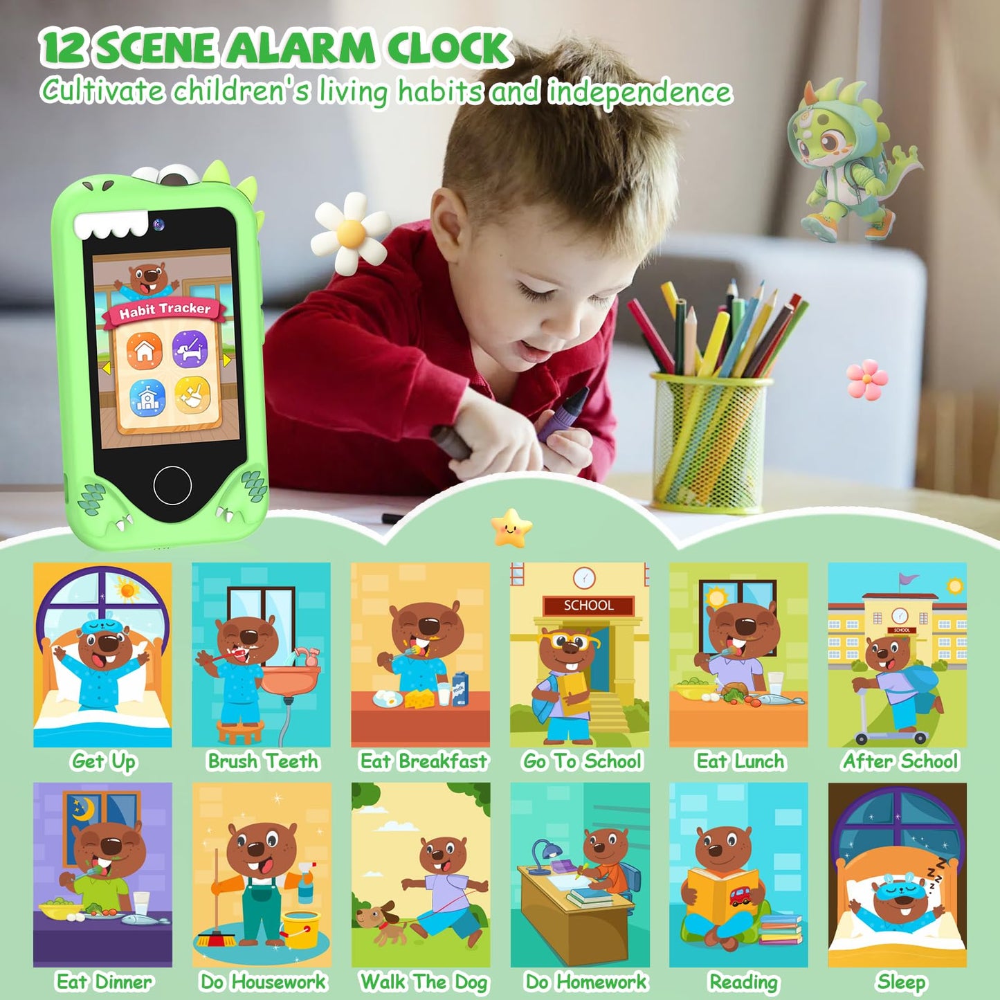 Yosfeng Kids Smart Phone for Girls – Touchscreen Learning Toy with Dual Cameras, 32GB Card, Ages 3-6