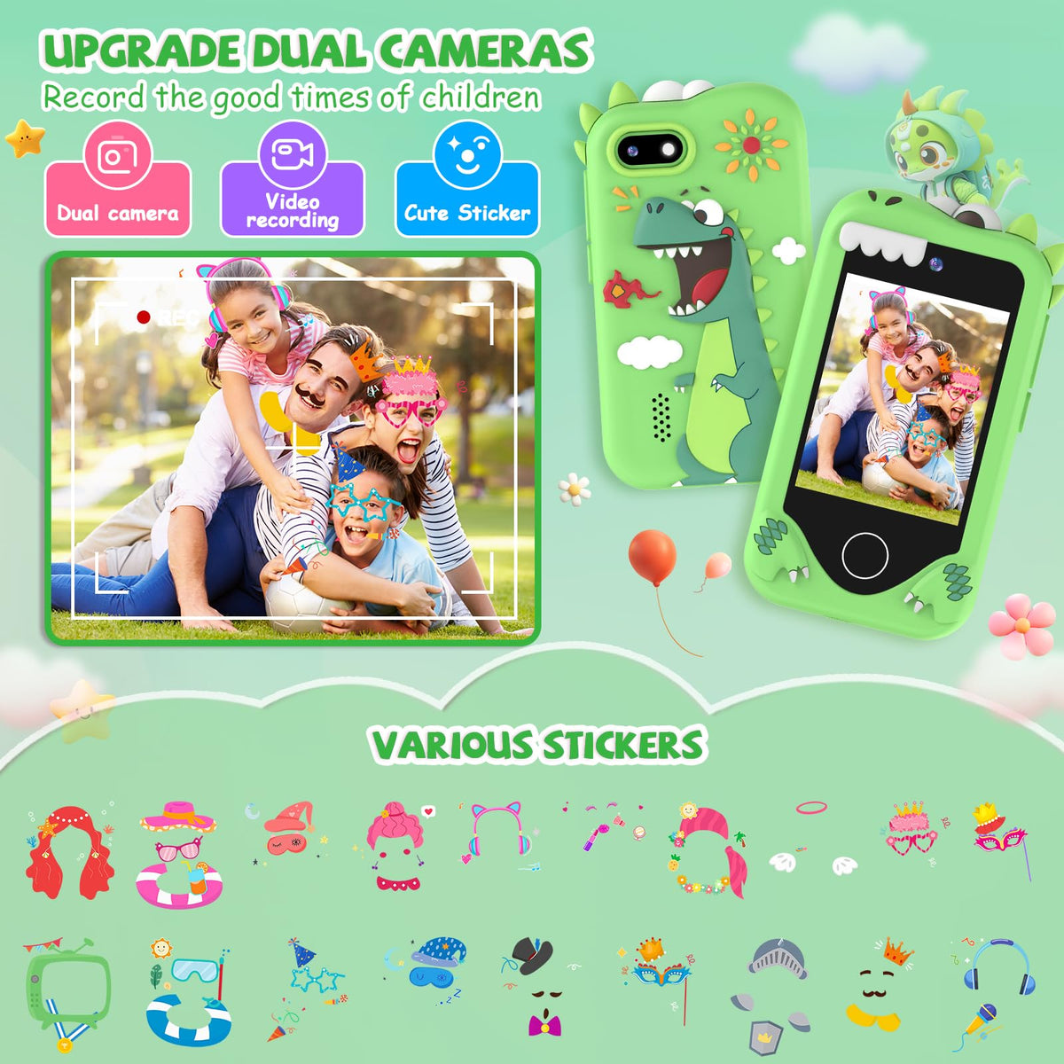 Yosfeng Kids Smart Phone for Girls – Touchscreen Learning Toy with Dual Cameras, 32GB Card, Ages 3-6