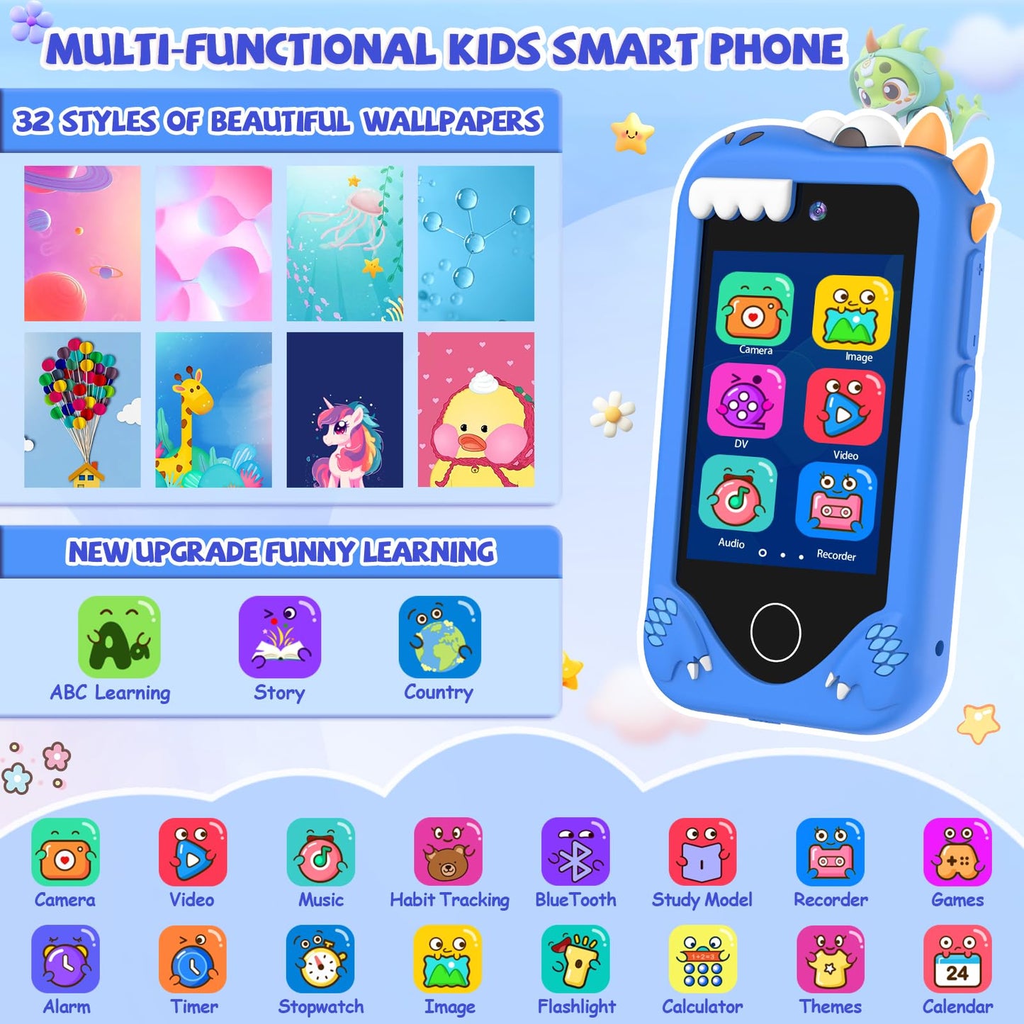 Yosfeng Kids Smart Phone for Girls - Dual-Camera Learning Toy for Ages 3-6 with 32GB Card