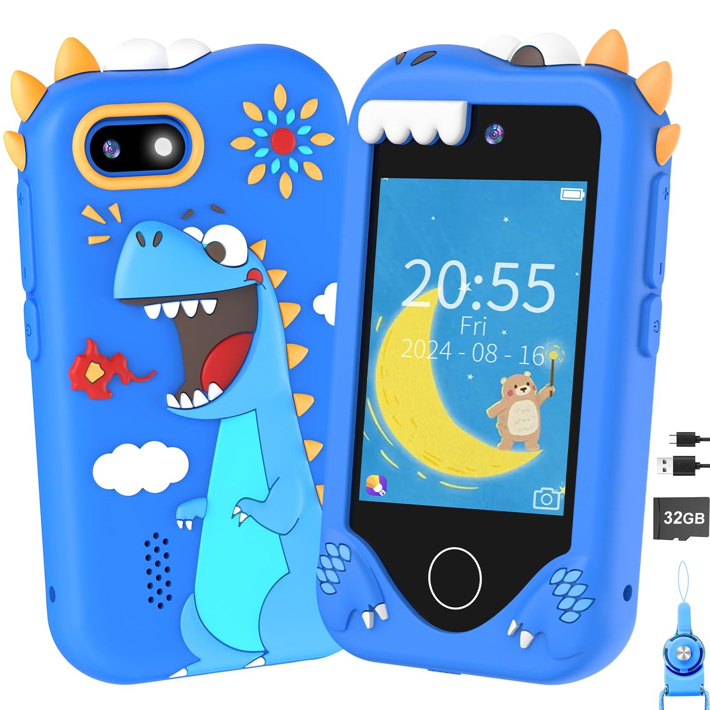 Yosfeng Kids Smart Phone for Girls - Dual-Camera Learning Toy for Ages 3-6 with 32GB Card