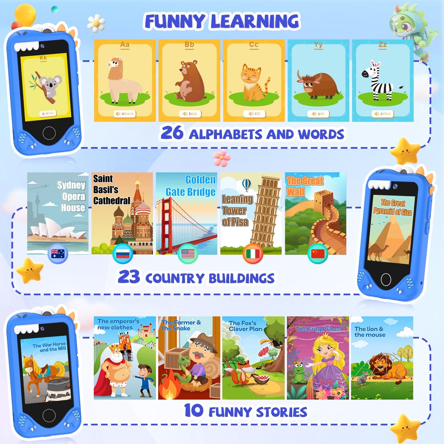 Yosfeng Kids Smart Phone for Girls - Dual-Camera Learning Toy for Ages 3-6 with 32GB Card