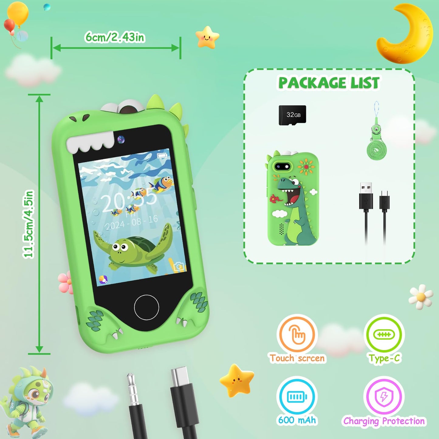 Yosfeng Kids Smart Phone for Girls – Touchscreen Learning Toy with Dual Cameras, 32GB Card, Ages 3-6