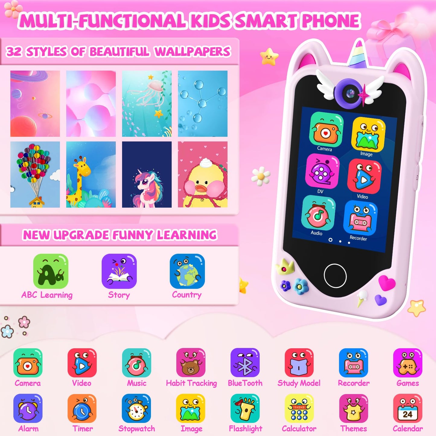 Yosfeng Kids Smart Phone for Girls — Learning Toy with Dual Cameras & 32GB Card (Ages 3-6)