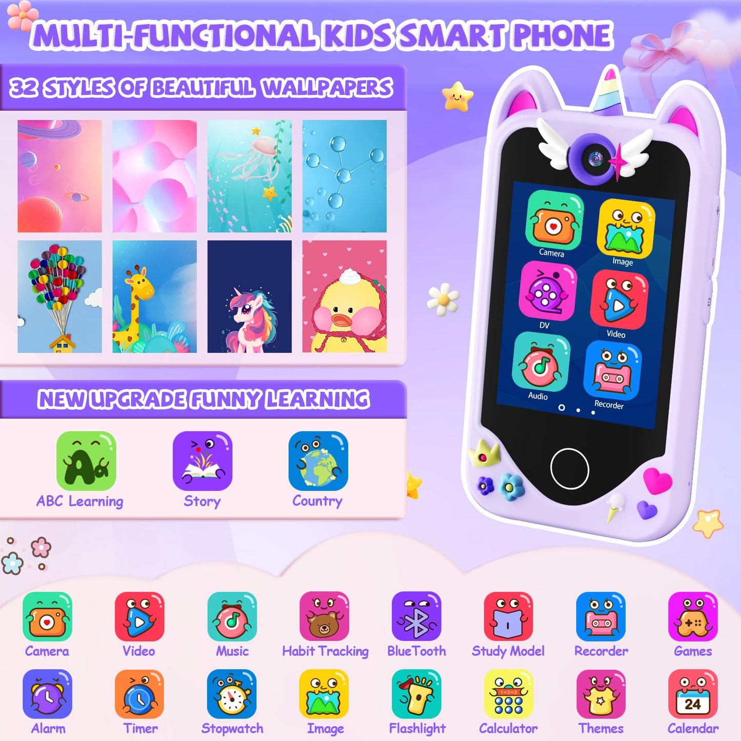 Yosfeng Kids Smart Phone for Girls – Learning Toy with Dual Cameras & 32GB Card
