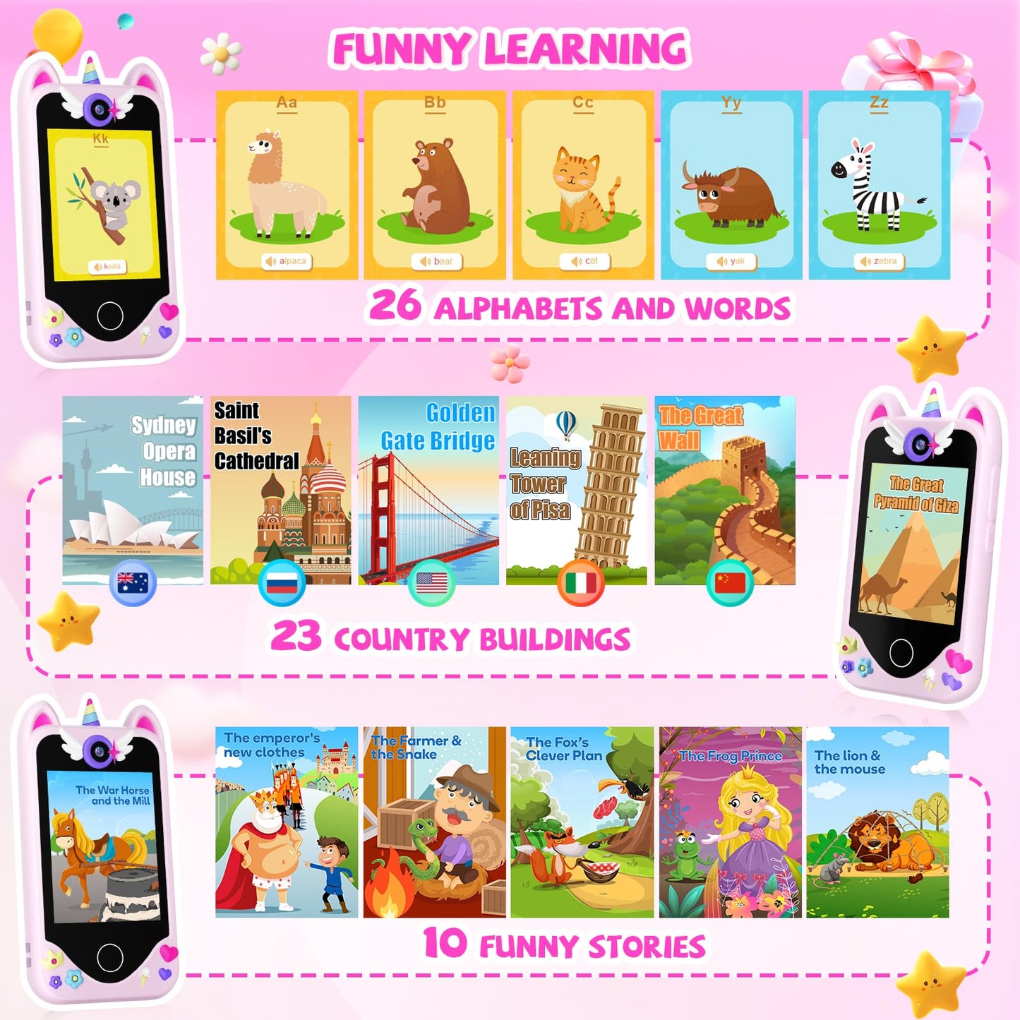 Yosfeng Kids Smart Phone for Girls — Learning Toy with Dual Cameras & 32GB Card (Ages 3-6)