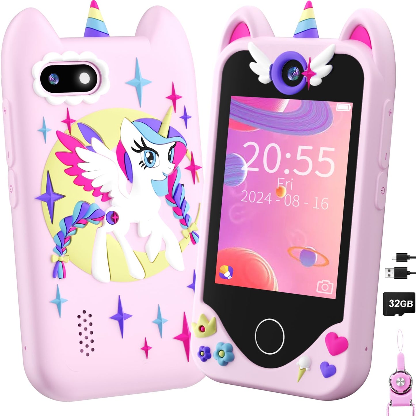 Yosfeng Kids Smart Phone for Girls — Learning Toy with Dual Cameras & 32GB Card (Ages 3-6)