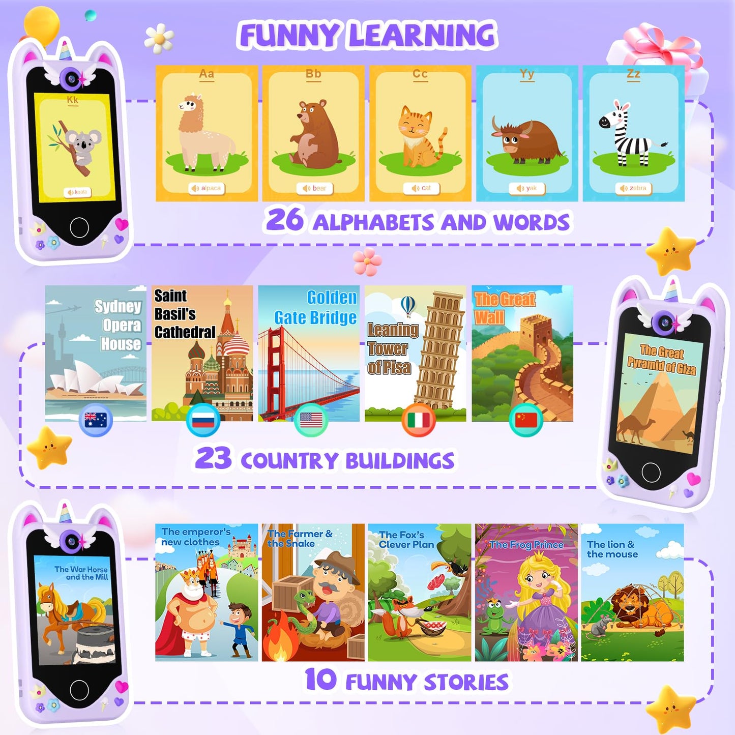 Yosfeng Kids Smart Phone for Girls – Learning Toy with Dual Cameras & 32GB Card