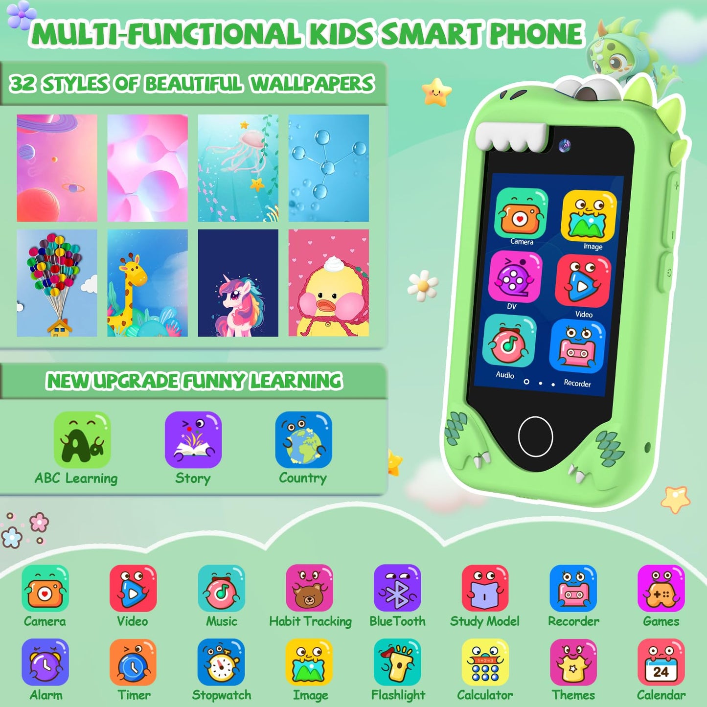 Yosfeng Kids Smart Phone for Girls – Touchscreen Learning Toy with Dual Cameras, 32GB Card, Ages 3-6