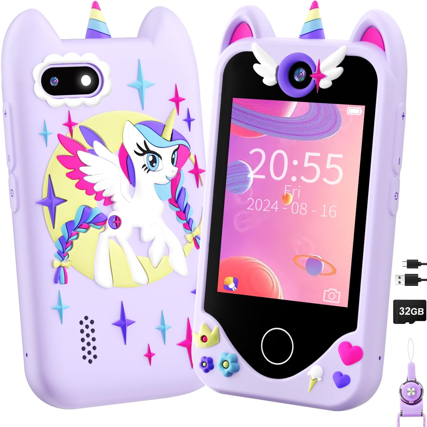 Yosfeng Kids Smart Phone for Girls – Learning Toy with Dual Cameras & 32GB Card