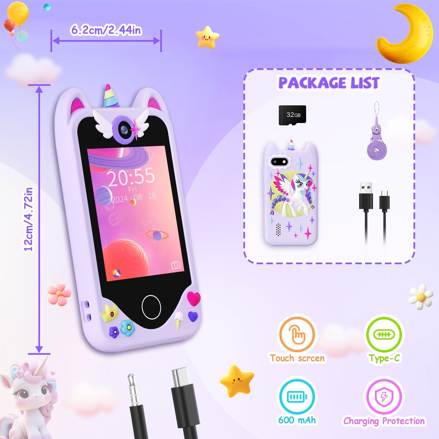 Yosfeng Kids Smart Phone for Girls – Learning Toy with Dual Cameras & 32GB Card