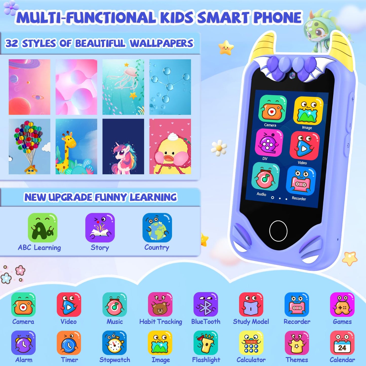 Yosfeng Kids Smart Phone for Boys — Educational Toy (Ages 3–6) with Dual Cameras and 32GB Card