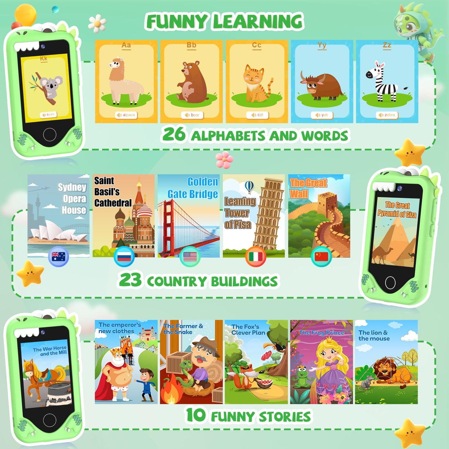 Yosfeng Kids Smart Phone for Girls – Touchscreen Learning Toy with Dual Cameras, 32GB Card, Ages 3-6
