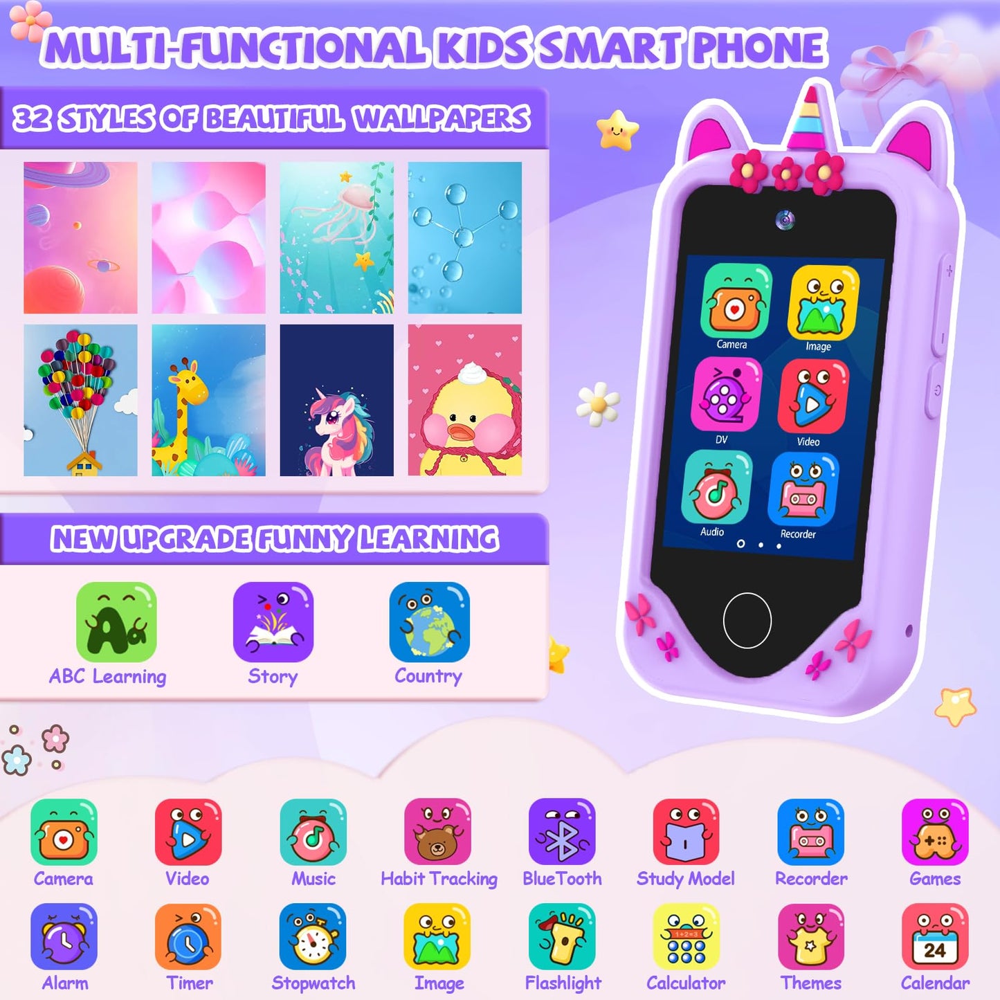 Yosfeng Kids Smart Phone Toy – Dual Cameras, Learning & MP3 Player (32GB)