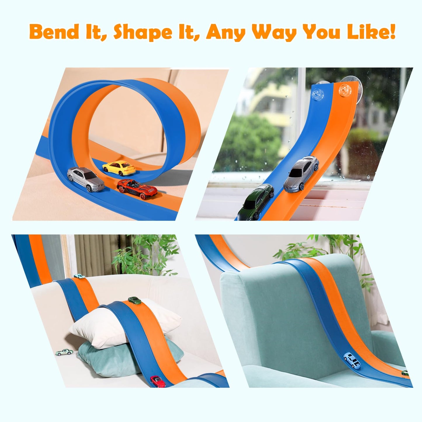 Yottix 15 Ft Flexible Race Track for Kids 3+ | Safe, Portable Roll-Up Track with Suction Cups