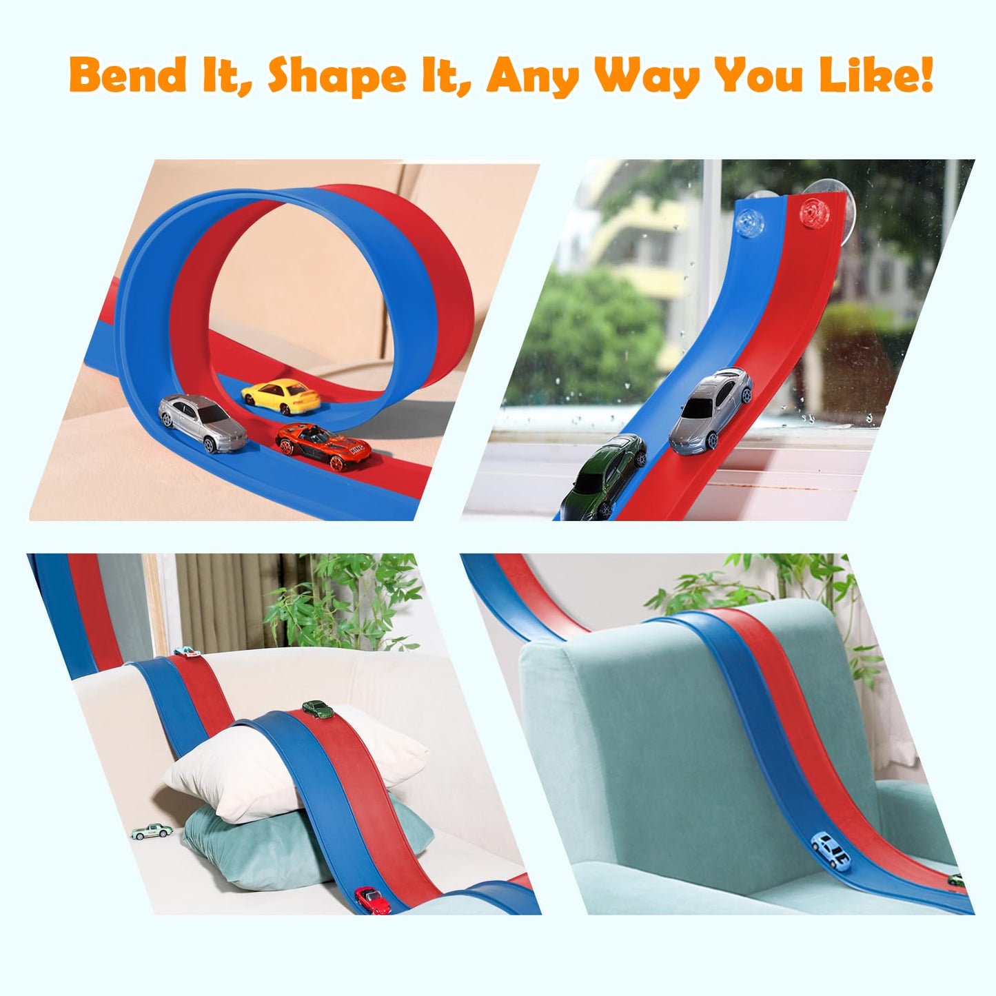 Yottix 15ft Flexible Race Track Starter Set – Safe, Portable with 2 Diecast Cars