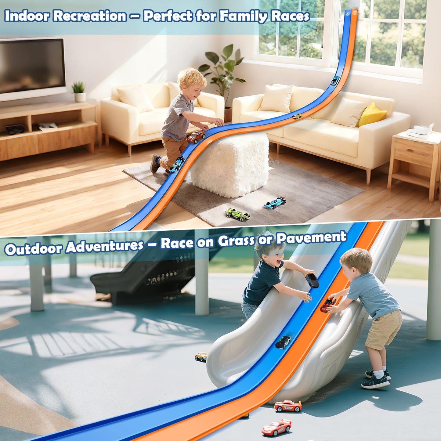 Yottix 15 Ft Flexible Race Track for Kids 3+ | Safe, Portable Roll-Up Track with Suction Cups