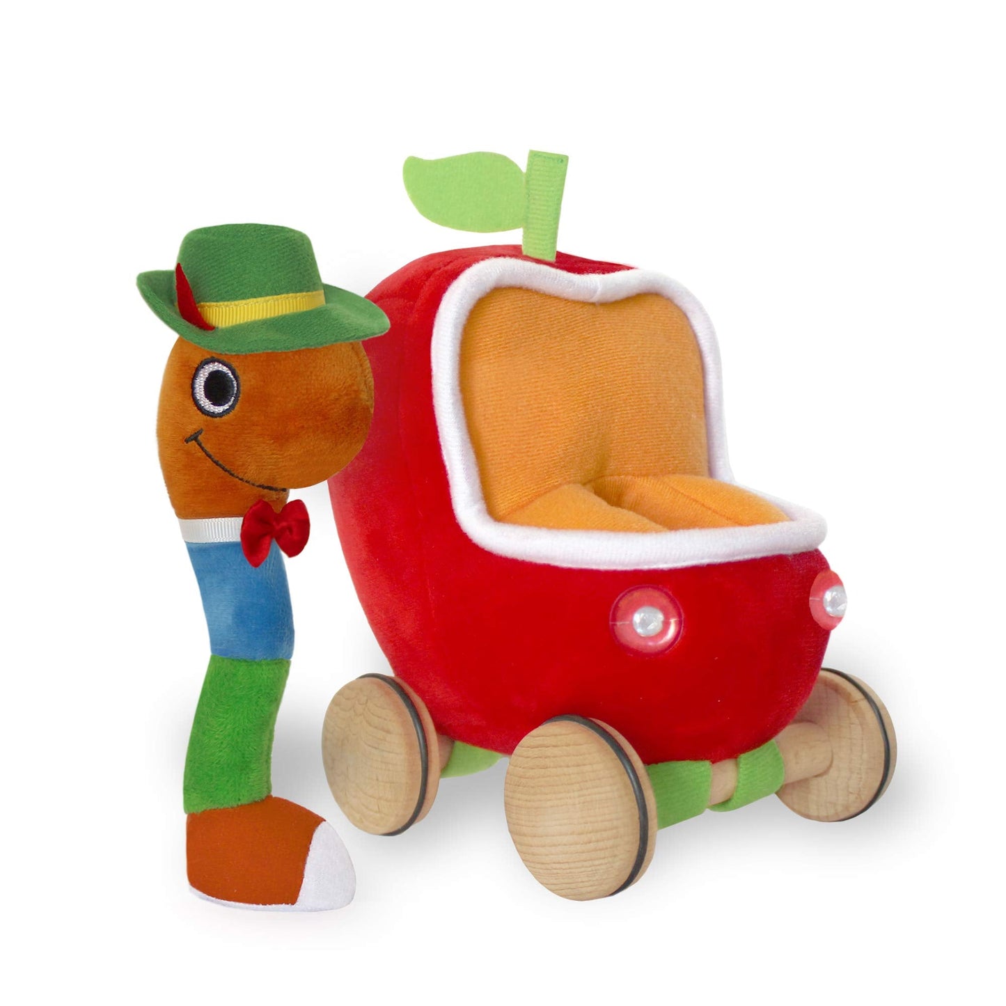 YOTTOY Richard Scarry Collection – Lowly Worm Soft Toy with Busytown Applecar (2-in-1 Toy)