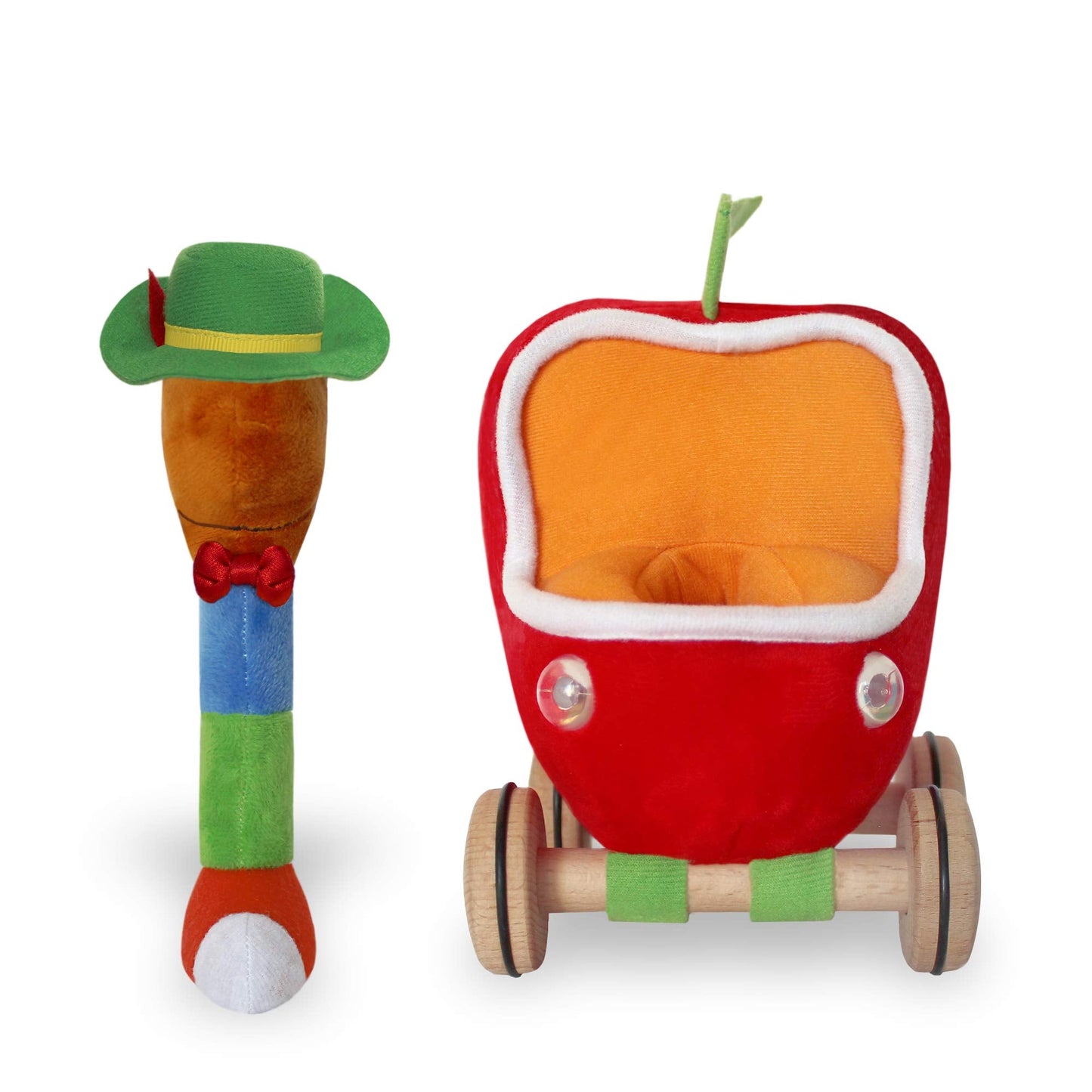 YOTTOY Richard Scarry Collection – Lowly Worm Soft Toy with Busytown Applecar (2-in-1 Toy)