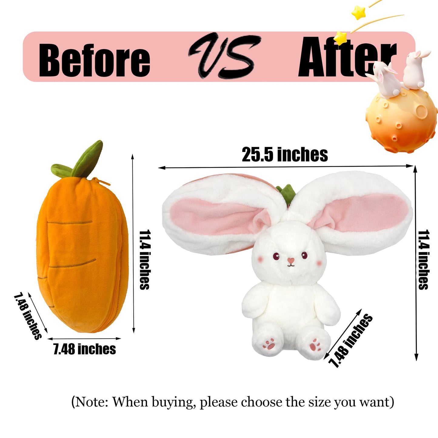 YOUBLEK Bunny Stuffed Animal — Reversible Plush Pillow, Carrot Design, 9.84 in