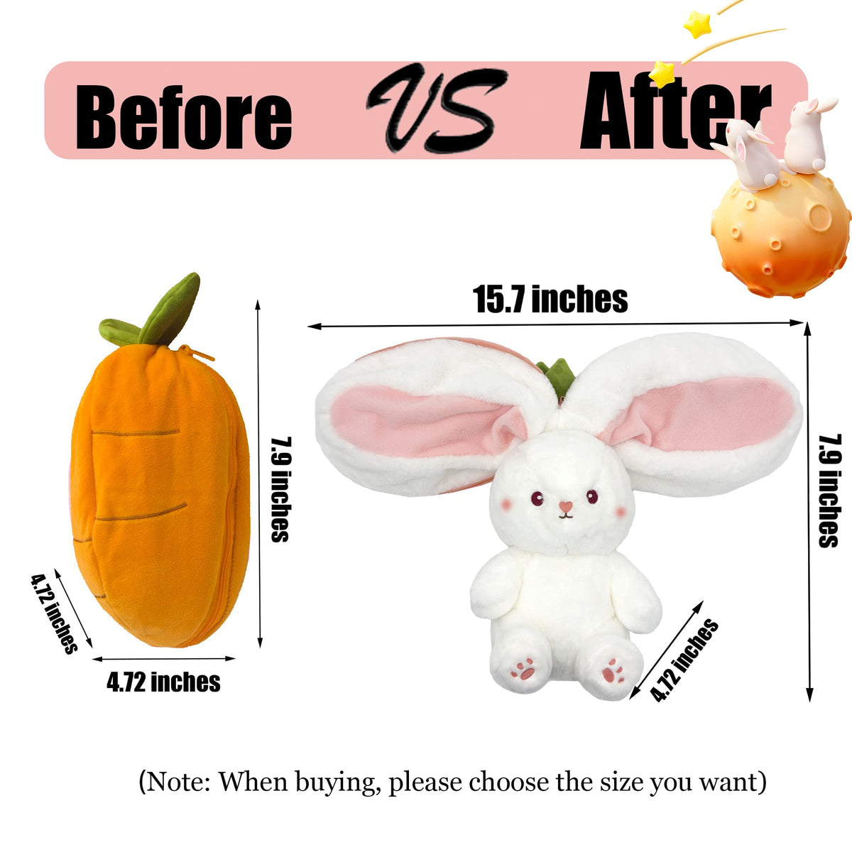YOUBLEK Bunny Stuffed Animal - Reversible Carrot Plush Pillow (7.09 in) - Soft Rabbit Toy for Kids & Adults, Easter Gift