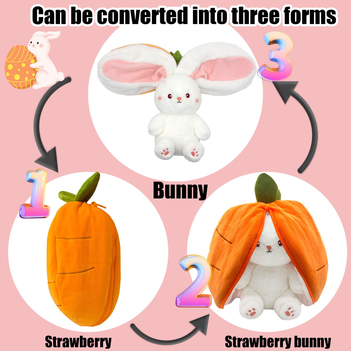YOUBLEK Bunny Stuffed Animal - Reversible Carrot Plush Pillow (7.09 in) - Soft Rabbit Toy for Kids & Adults, Easter Gift