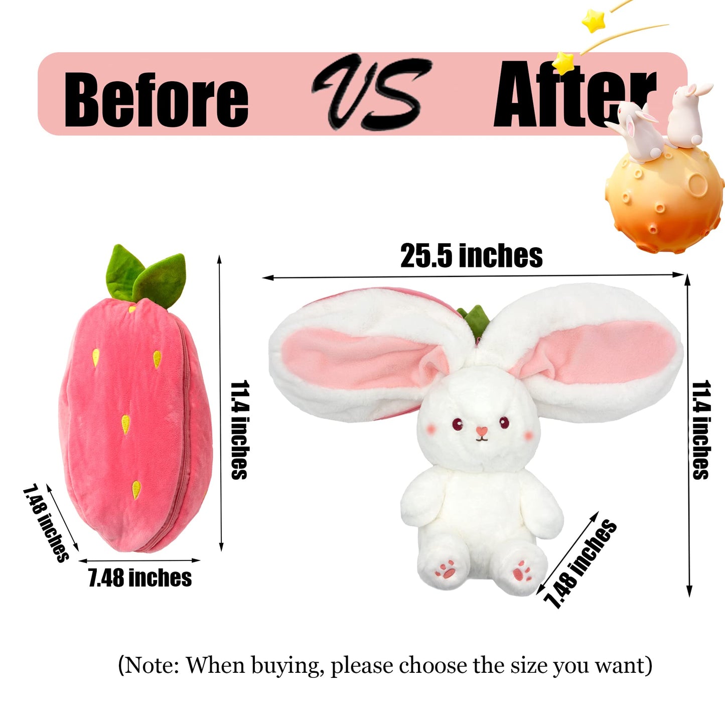 YOUBLEK Bunny Plush – Reversible Strawberry Pillow, 9.84 inches