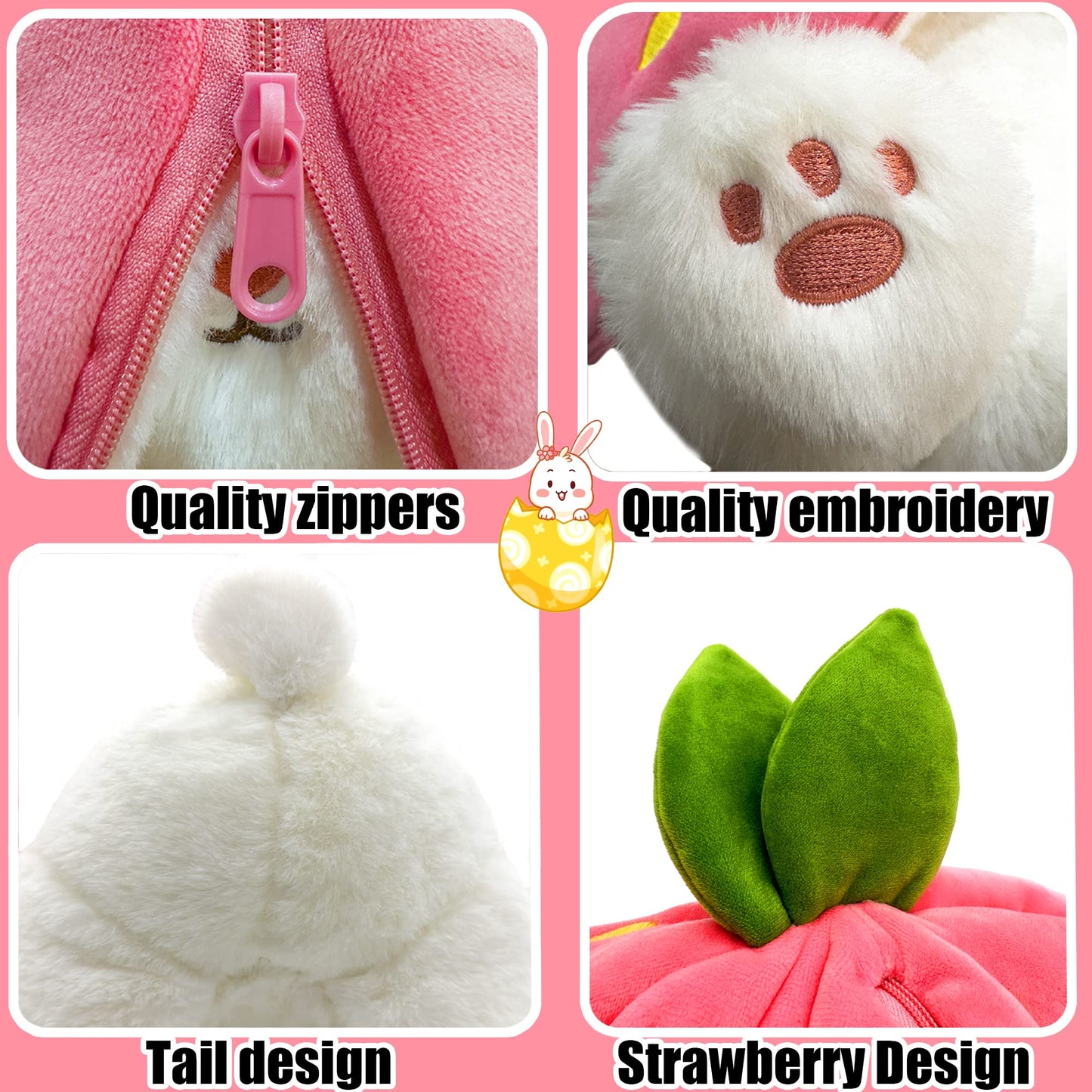 YOUBLEK Bunny Plush – Reversible Strawberry Pillow, 9.84 inches