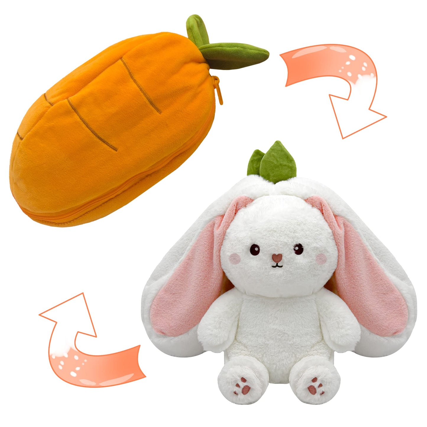 YOUBLEK Bunny Stuffed Animal — Reversible Plush Pillow, Carrot Design, 9.84 in