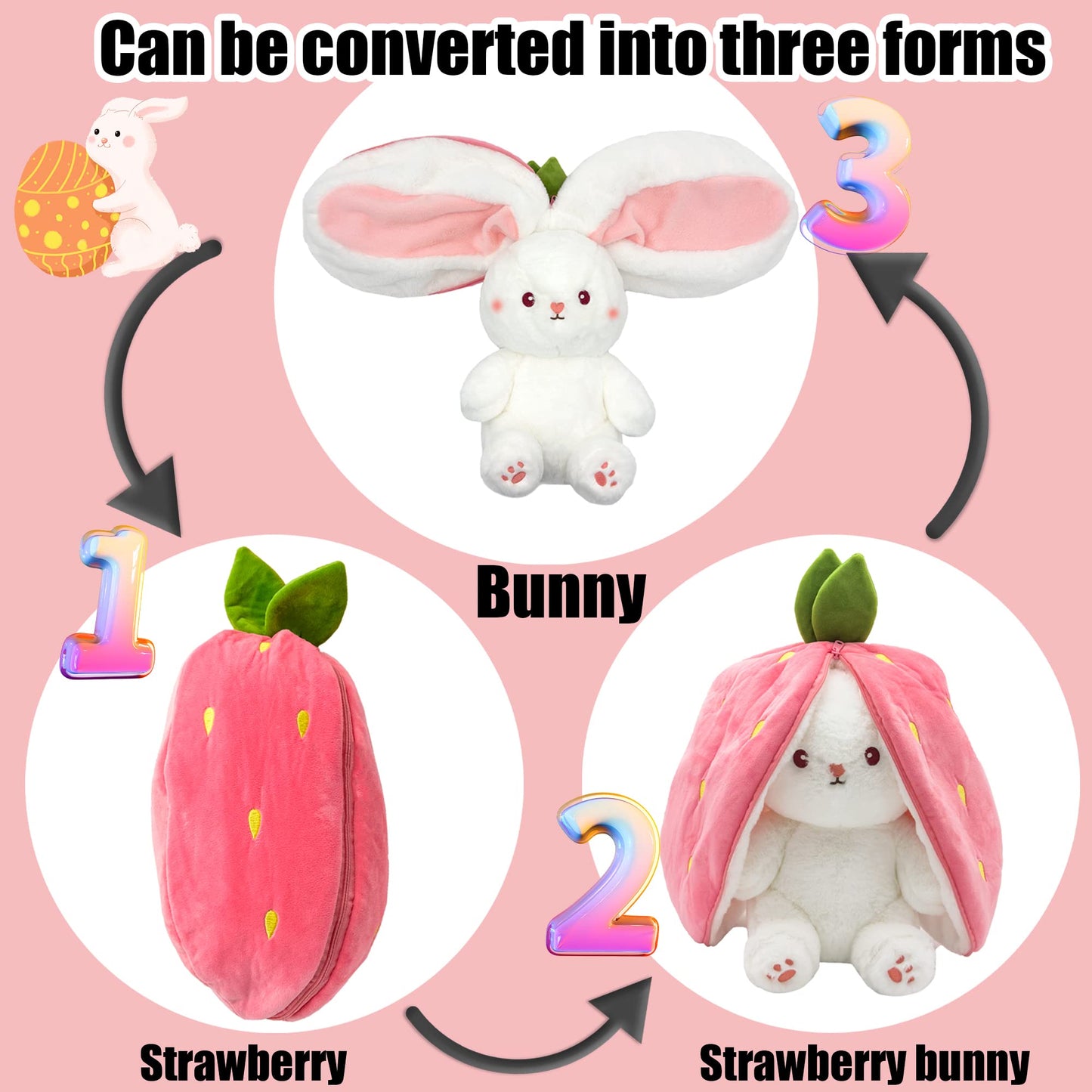 YOUBLEK Bunny Plush – Reversible Strawberry Pillow, 9.84 inches