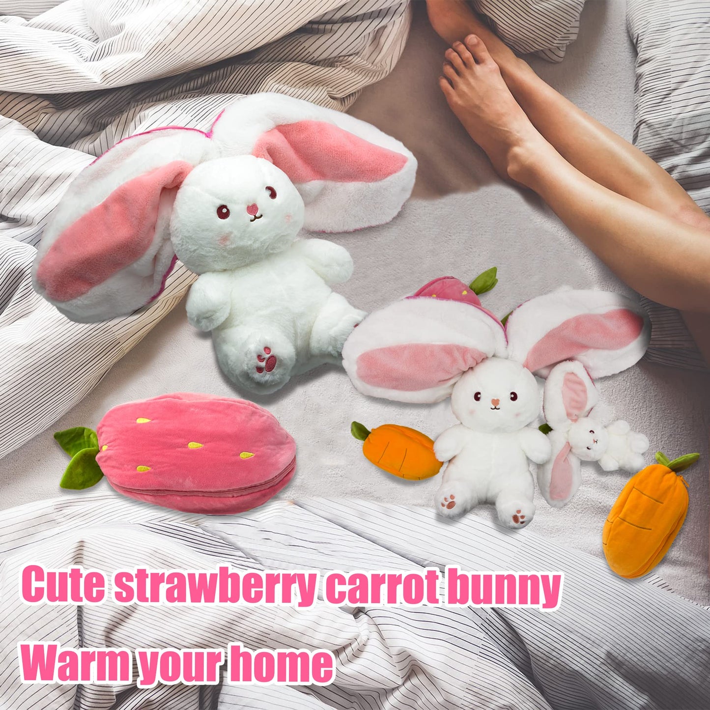 YOUBLEK Bunny Stuffed Animal — Reversible Plush Pillow, Carrot Design, 9.84 in