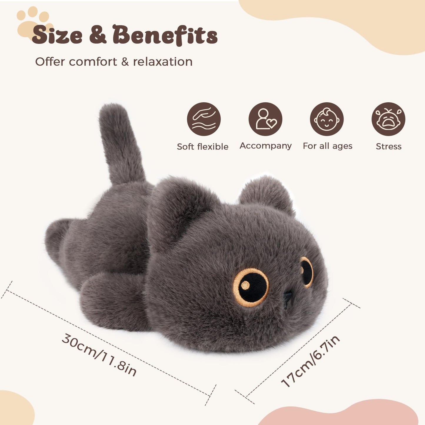 YOUBLEK 1.9 lbs Weighted Cat Plush – Dark Grey Calico Cat, Cozy Cuddle Toy for Kids & Adults